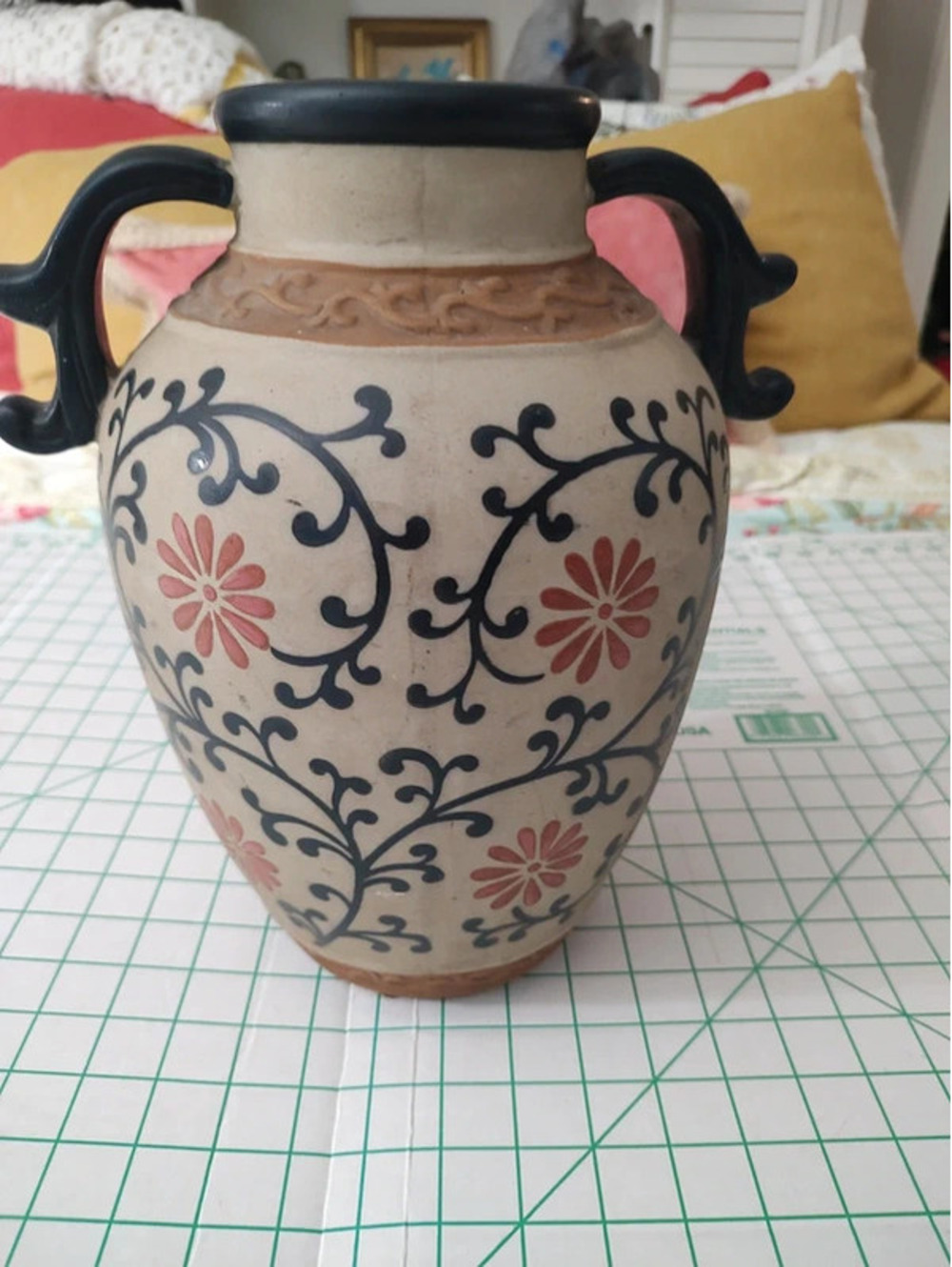 Greek Style Amphora Vase, Hand-Painted Floral Motif, Unmarked